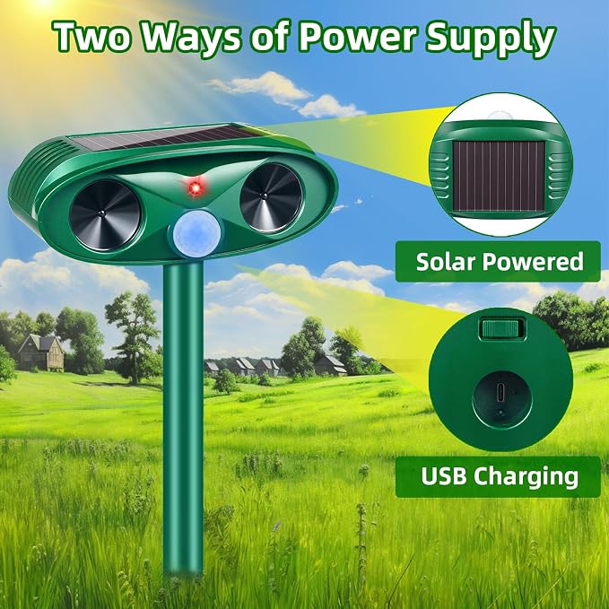 2 Pack Ultrasonic Deer Repellent Devices,Cat Deterrent Outdoor Solar Animal Repeller for Squirrel Racoon Rabbit Fox Skunk,USB Charging Waterproof Motion Sensor Sonic Fortress Pro Deterrent for Garden