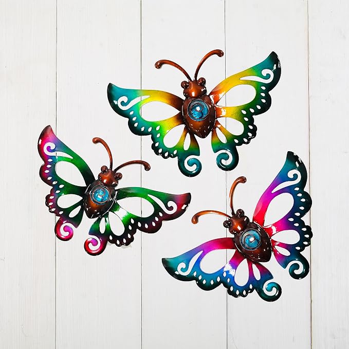 Garden Decor Metal Butterfly Wall decor, Wall Art Hanging for Patio Fence | BVLFOOK; 3D Design; Set of 3, 9 inch; Indoor & Outdoor; Great Gift for Family; garden décor; living room decor