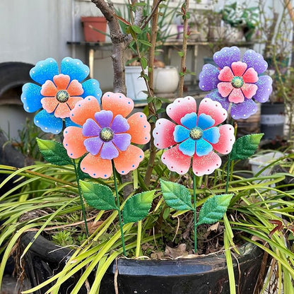 Metal Flowers for Outside, 4 Pcs 16.5 Inch Decorative Garden Stakes, Hand Painted Tin Metal Garden Decor with Glitter, Weather Resistant Outdoor Art for Patio Lawn Yard