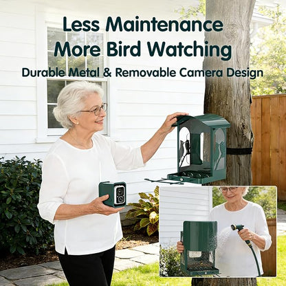 Bird Feeder with Camera, 4K Ultra HD Video with 30fps Live View, 10x Slow Motion, No Subscription, Solar Powered AI Smart Bird Feeder with Camera, 2.4G/5G Wi-Fi, Durable Metal,Bird Lover Gift