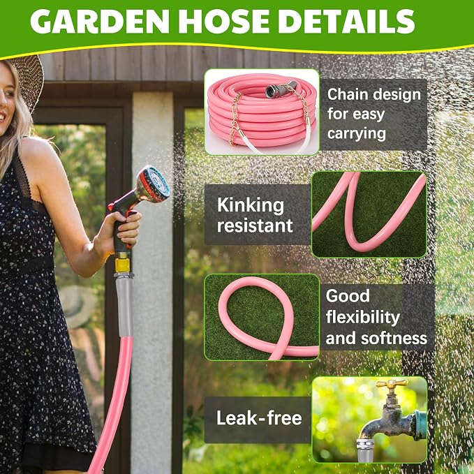 50 ft 1/2 Inch Pink Garden Hose Colors Garden Hose for Any Nozzle Drinking Water Safe Personalized Color for Outdoor Living