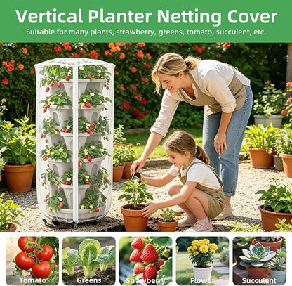 2PCS Mesh Vertical Planter Bug Netting, 39"X20" Large Stackable Planter Netting 5 Tier Strawberry Planter Protector White Round Garden Bird Netting Plant Cover with Zipper for Tomato Flower Fruit