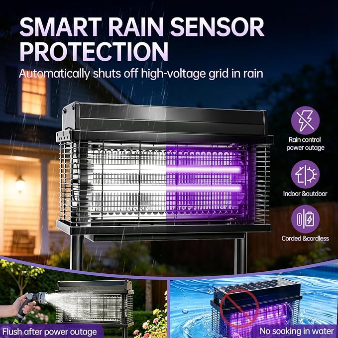 Solar Bug Zapper Outdoor, Purple UV Mosquito Zapper with Smart Rain Off Rechargeable Mosquito Killer Lamp, Wireless Solar Powered Fly Trap for Yard Patio(Midnight Black)
