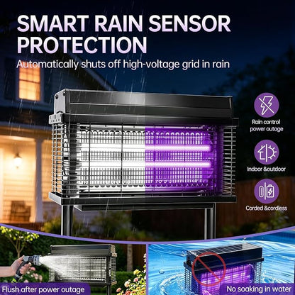 Solar Bug Zapper Outdoor, Purple UV Mosquito Zapper with Smart Rain Off Rechargeable Mosquito Killer Lamp, Wireless Solar Powered Fly Trap for Yard Patio(Midnight Black)