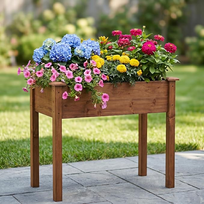 Raised Garden Bed Outdoor Planter Box with Legs - 34x18x30 Inch Cedar Wooden Elevated Planter Box with Non-Woven Liner & Drainage Holes for Vegetables Flowers Herbs (Brown, 34 x 18 x 30)
