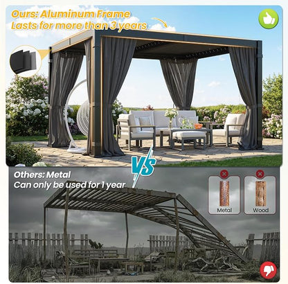 10' x 12' Louvered Pergola, Outdoor Pergola with Curtains & Netting, Aluminum Frame Patio Pergola with Adjustable Louvers Roof & Gutter System, Hardtop Gazebo for Patio, Deck, Garden, Yard, Dark Gray