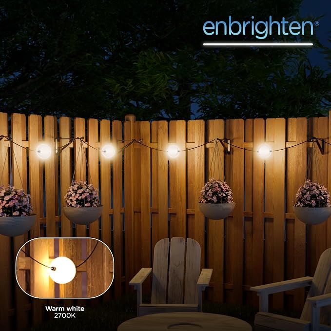 Enbrighten Globe Outdoor String Lights, 44ft, 12 Lights, White Light Only | 2700K Warm White LEDs, 4in Durable Plastic Globes, Weatherproof, Zip Ties Included for Mounting