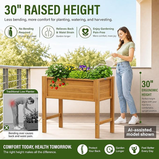 YEFU Raised Garden Bed with Legs: Compact Waterproof HDPS Outdoor Elevated Planter Box with Drainage Holes - 34x18x30 Inch for Patio/Balcony to Grow Vegetables/Herbs - 385 lbs Capacity, Teak