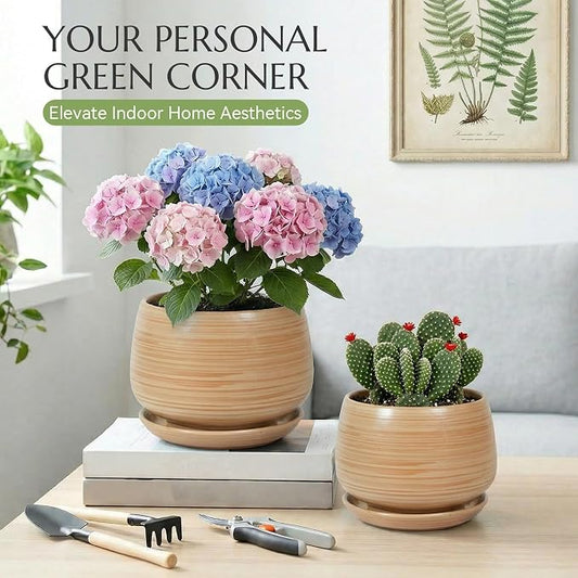 10.3 Inch Flower pots for Indoor Outdoor Plants with Saucer Drainage Leak-Proof Mesh, Ceramic Planter with Gardening Gloves for Succulent and Flower (Khaki Striated)