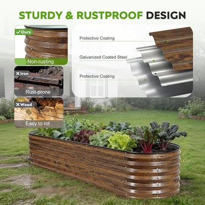 Galvanized Raised Garden Bed Outdoor- 8x2x1.4ft Oval Steel Raised Beds for Gardening, Metal Planter Box with Protective Strip and Gloves for Vegetables, Flowers, Fruits(Brown)