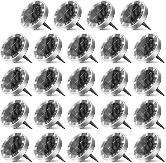 24 Pack Solar Ground Lights Outdoor, 8 LED Mini Flat Solar Disc Lights, IP65 Waterproof Pathway Lights Solar Powered, Landscape Lighting for Garden Walkway Driveway Yard Lawn,Cool White