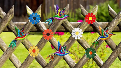 Tsilin Garden Decor Set With 4 Pcs Metal Hummingbirds 6 Pcs Metal Flowers Statues Wall Decor Sunflower Hanging Ornament for Home Bedroom Outdoor Backyard Porch Patio Fence Decorations
