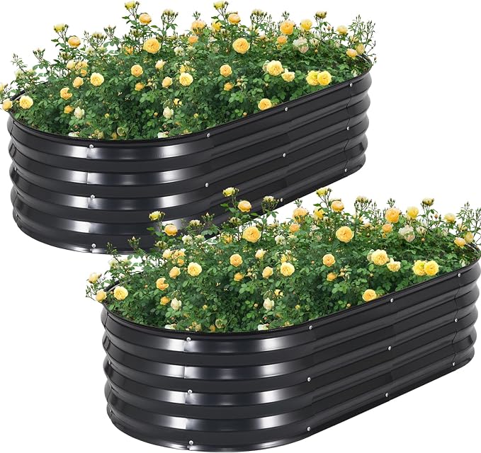 Galvanized Raised Garden Bed Outdoor, 2Pcs 4x2x1ft Oval Planter Box with Rubber Strip,Metal Raised Bed Kit for Vegetables Flowers Herbs, Grey