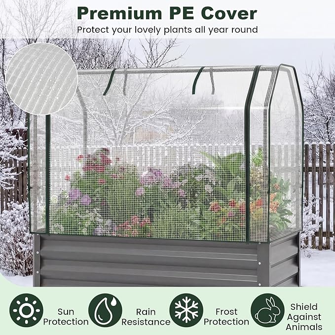 Giantex Raised Garden Bed with Legs & Greenhouse Cover, 44x22x60 Elevated Metal Planter Box with Roll-up Door, Outdoor Mini Greenhouse for Vegetable Flower Herb Patio Balcony (Gray,2)