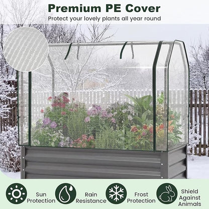 Giantex Raised Garden Bed with Legs & Greenhouse Cover, 44x22x60 Elevated Metal Planter Box with Roll-up Door, Outdoor Mini Greenhouse for Vegetable Flower Herb Patio Balcony (Gray,2)