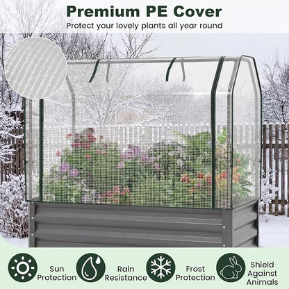 Giantex Raised Garden Bed with Legs & Greenhouse Cover, 44x20x60 Elevated Metal Planter Box with Roll-up Door, Outdoor Mini Greenhouse for Vegetable Flower Herb Patio Balcony (Gray,1)
