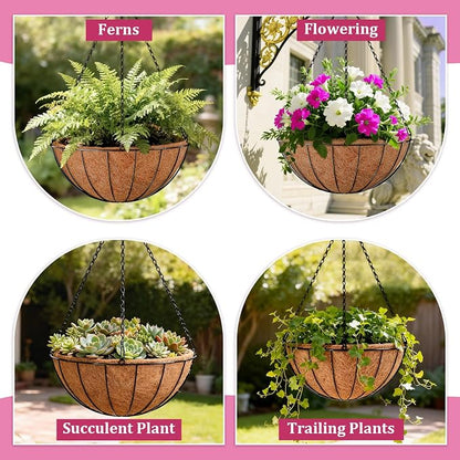 Halatool 20 Inch Large Hanging Baskets Planters for Outdoor Plants, 2 Pack | Metal Outdoor Hanging Baskets with Coco Liner, Round Hanging Flower Pot for Plants Flowers Garden Decorations