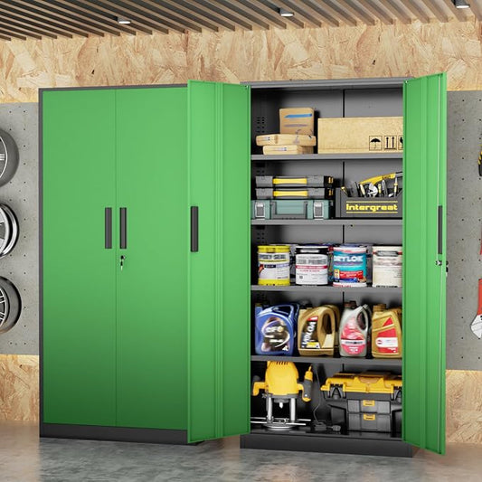 INTERGREAT Metal Storage Cabinet, 72" Locking Steel Cabinets with 2 Door and 4 Adjustable Shelves, Tall Metal Cabinet for Home Office, Garage, Warehouse,(Black+Green)