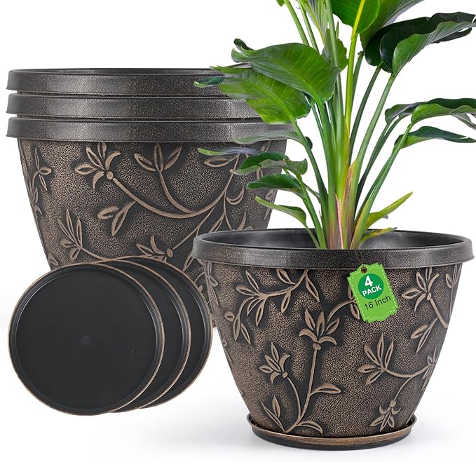 Nooulap 4 Pack 16 Inch Plant Pot with Drainage Hole, Plastic Large Indoor Outdoor Planter, Decorative Flower Pot for Patio, Garden & Front Porch, with Gold Flower Partten (Retro Brown)