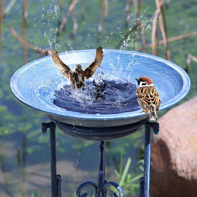Multifunctional Solar Bird Bath for Outside, Metal Birdbath Stand and Solar Fountain Bird Bath Bubbler Combo Set, Solar Birdbaths for Outdoors Garden Lawn Yard Decor（Blue）