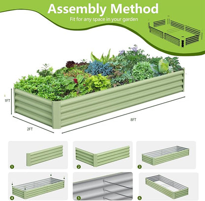 2PCS 8x2x1FT Galvanized Raised Garden Bed, Galvanized Planter Raised Garden Boxes Outdoor, Large Metal Raised Garden Beds for Vegetables-Green