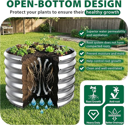 24" Diameter Round Raised Garden Bed - 17 Inch Tall, Heavy-Duty Galvanized Steel Planter Box with Wave-Shaped Panels for Vegetables, Herbs & Flowers (1, Silver, 24 Inch Diameter)