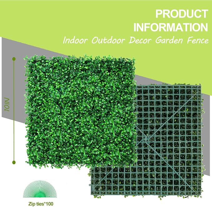 AOKIIE 10"x10" 12Pcs Artificial Grass Wall UV-Anti Boxwood for Outdoor | 8.4sqft Grass Wall Panels Weatherproof Boxwood Hedge, Privacy Greenery Screen for Outdoor Patio, Garden Fence Backdrop