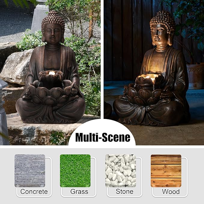 Glitzhome Zen Style Meditating Buddha Statue Fountain Polyresin Outdoor Decoration with Pump and LED Light, 28.25" H