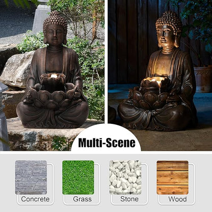 Glitzhome Zen Style Meditating Buddha Statue Fountain Polyresin Outdoor Decoration with Pump and LED Light, 28.25" H