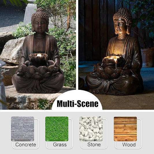 Glitzhome Zen Style Meditating Buddha Statue Fountain Polyresin Outdoor Decoration with Pump and LED Light, 28.25" H