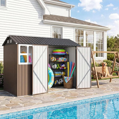 IRONCK 8.4x6.1FT Outdoor Storage Shed with Clear Window, Tool Shed, Brown | Lockable Doors, Breathable Ventilation, 8x6 FT Base, Outdoor Shed For Generators/Bikes/Wheelbarrows