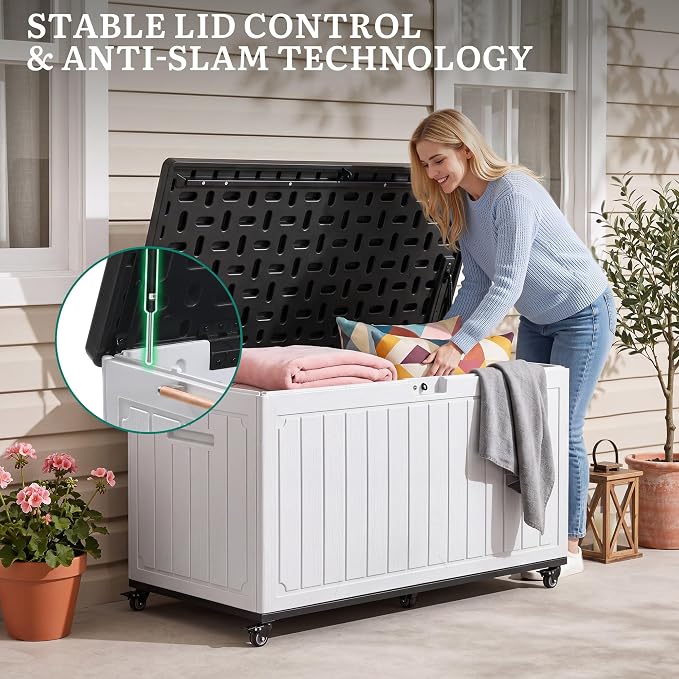 YITAHOME 90 Gallon Outdoor Storage Box with 6 Swivel Wheels & Dual Wooden | Large Double-Wall Resin Deck Box, Lockable Waterproof Patio Organizer for Furniture, Cushions, White & Black