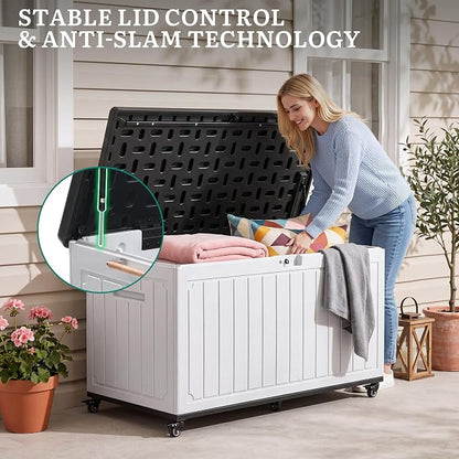 YITAHOME 90 Gallon Outdoor Storage Box with 6 Swivel Wheels & Dual Wooden | Large Double-Wall Resin Deck Box, Lockable Waterproof Patio Organizer for Furniture, Cushions, White & Black