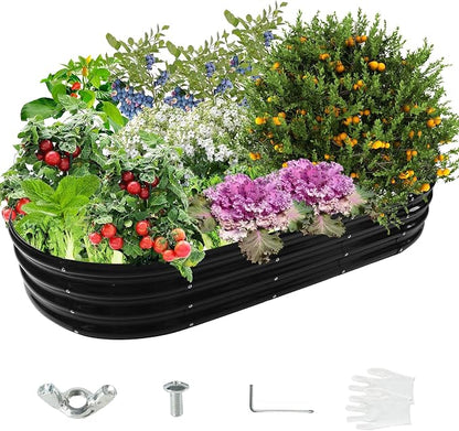 YSEJOMP 12" Tall Oval-Shaped/Elliptic Metal Raised Garden Bed Outdoor Black | 72X36X12 Inch,1 FT Tall,0.8MM Thick Galvanized Metal Painted,for Variety of Flowers,Herbs,Vegetables.with Gloves,Tool free