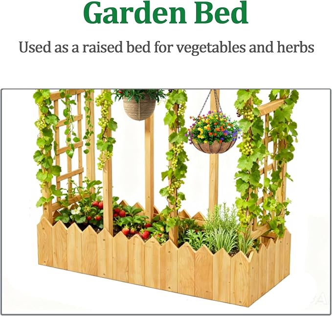 Raised Garden Bed with Arch Trellis, Wood Planter Box with Hanging Roof & Side Trellis, Above Ground Elevated Garden Bed for Outdoor Climbing Plants, Vines, Patio, Balcony