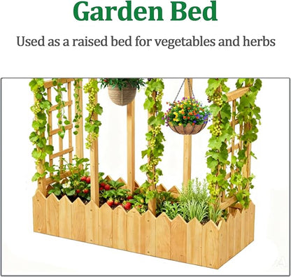 Raised Garden Bed with Arch Trellis, Wood Planter Box with Hanging Roof & Side Trellis, Above Ground Elevated Garden Bed for Outdoor Climbing Plants, Vines, Patio, Balcony