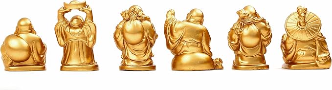 6Pcs 2in Gold Resin Laughing Buddha Figurines, Tabletop Lucky Decor | Maitreya Buddha Statue, Flower Pot Statue, Home Office Desk Decor, Fengshui Collection Gift Ornaments