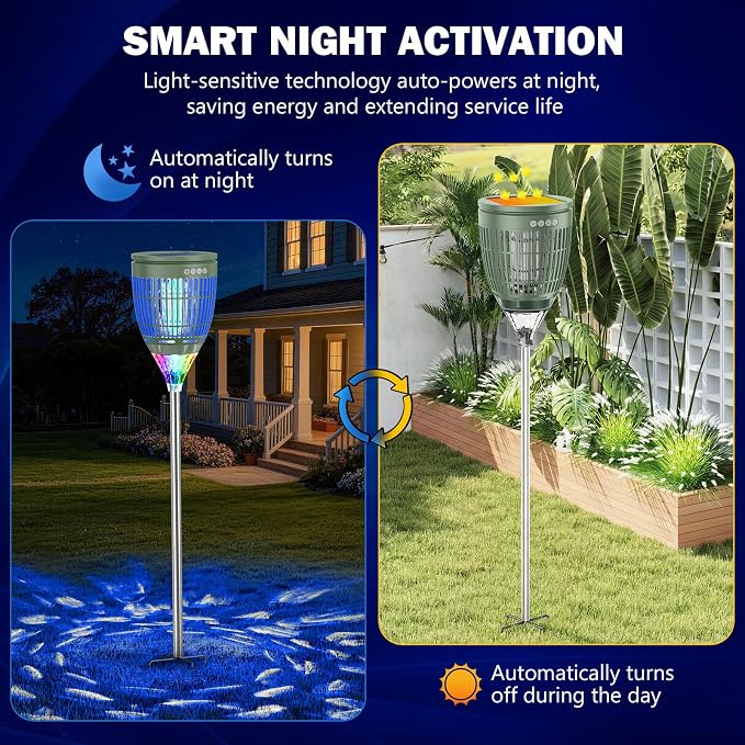 All in 1 Solar Bug Zapper Outdoor, Flame & Projection Mode, Auto/Manual Modes, 4200V Electric Mosquito Killer with High Powered, IPX5 Waterproof Rechargeable Fly Insect Trap for Patio Garden Yard RV