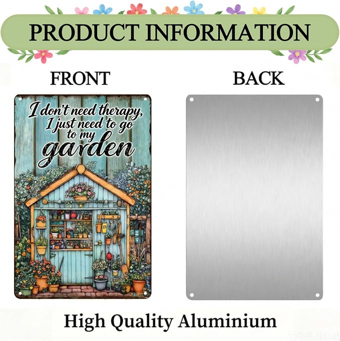 Funny Garden Metal Signs, Vintage Outdoor Wall Decor 8x12 Inch | I Don't Need Therapy, Weatherproof Aluminum Sign for Patio Yard Greenhouse, Gift For Gardeners