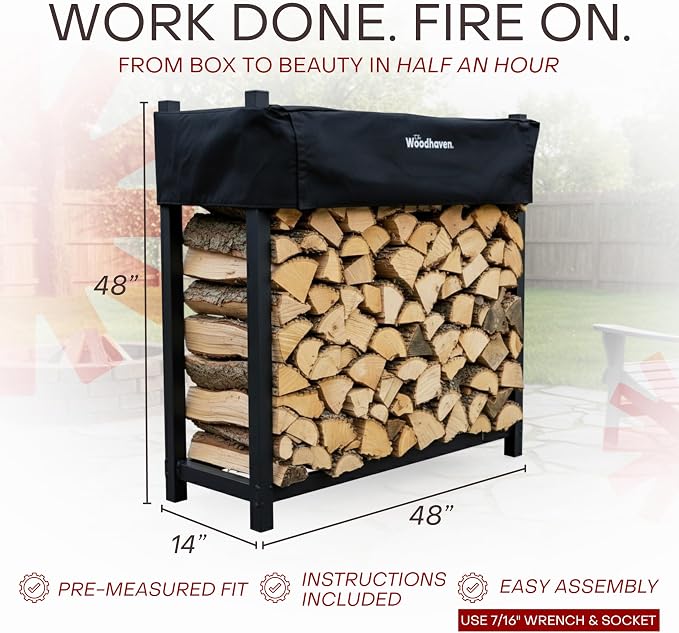 Woodhaven Black 4 Foot - Heavy Duty Made In USA - Indoor Outdoor - 1/4 Cord Firewood Storage Log Rack With Seasoning Cover Combo Set - Metal Log Storage - 48” x 48”