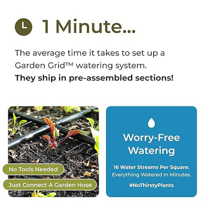 Garden Grid Watering System, 4x8 Cornerless | Garden Irrigation System for Garden Beds | Pre-Assembled, Waters Every Plant, USA-Made | Ideal for Beds w/Corner Posts or Curved Ends | 44"x88"