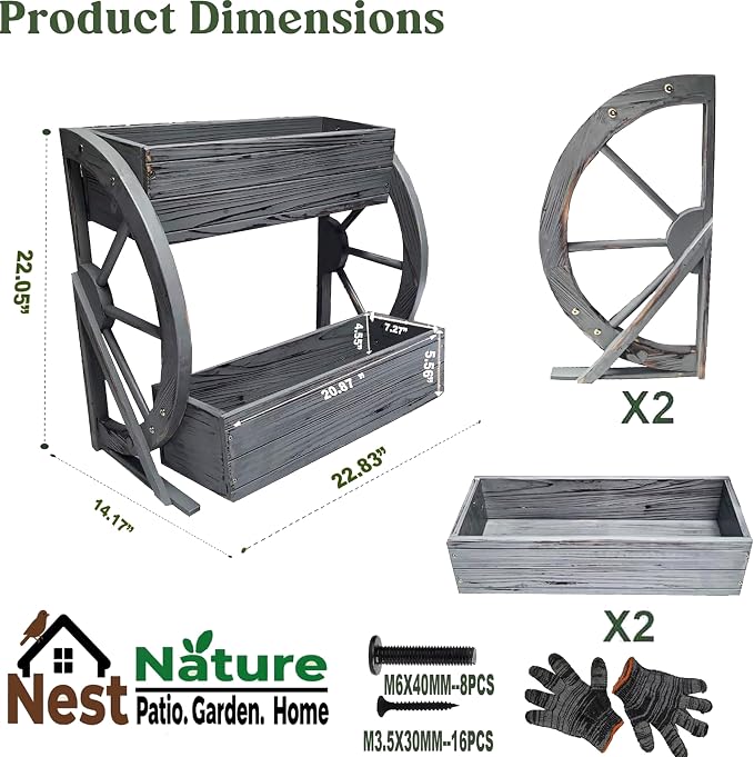 NestNature Wooden Wagon Planter Box|Rustic Planter Use On Indoor&Outdoor | 2-Tier Medium Solid Wood Planter-Flower Pot Use On Patio,Porch,Garden-Raised Garden Bed For Succulents, Herbs, Vegetables