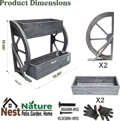NestNature Wooden Wagon Planter Box|Rustic Planter Use On Indoor&Outdoor | 2-Tier Medium Solid Wood Planter-Flower Pot Use On Patio,Porch,Garden-Raised Garden Bed For Succulents, Herbs, Vegetables