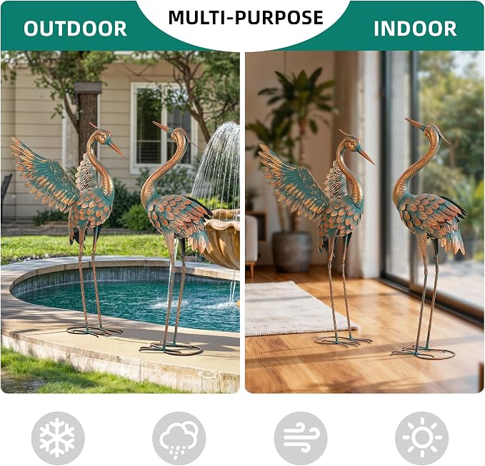 36.8" Metal Crane Garden Statue, Extra-Large Heron Yard Art | Handcrafted Blue Heron with U-ground Stakes for Stability. Weatherproof Iron Bird Art for Backyard, Lawn, Pond, or Patio.
