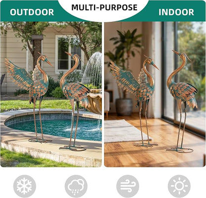 36.8" Metal Crane Garden Statue, Extra-Large Heron Yard Art | Handcrafted Blue Heron with U-ground Stakes for Stability. Weatherproof Iron Bird Art for Backyard, Lawn, Pond, or Patio.