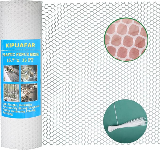White Plastic Wire Mesh Fence 15.7IN x 33FT - Commercial Grade Hexagonal Netting, Heavy Duty Snake & Rodent Barrier for Farms, Poultry Yards, Dog Runs | Durable Outdoor Security Fencing