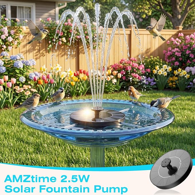 AMZtime 2.5W Solar Bird Bath Fountains, Solar Water Fountain Pump with 6 Nozzles & 4 Tube Supports, 6.7 Inch Fountain Pump for Garden, Pond, Pool, Fish Tank Aquarium Outdoor Use