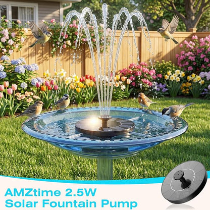 AMZtime 2.5W Solar Bird Bath Fountains, Solar Water Fountain Pump with 6 Nozzles & 4 Tube Supports, 6.7 Inch Fountain Pump for Garden, Pond, Pool, Fish Tank Aquarium Outdoor Use
