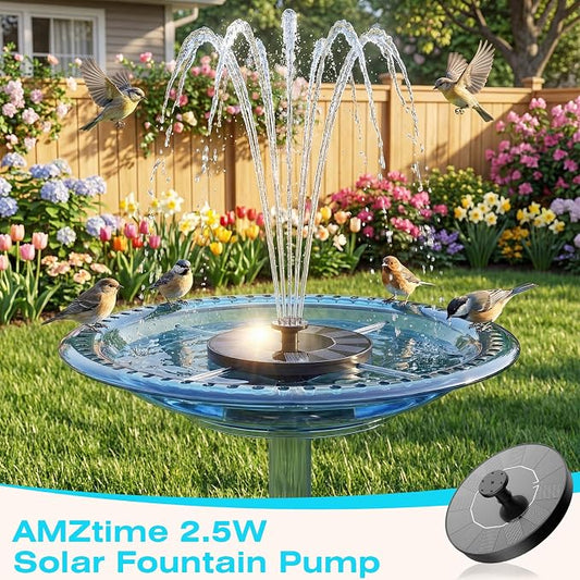 AMZtime 2.5W Solar Bird Bath Fountains, Solar Water Fountain Pump with 6 Nozzles & 4 Tube Supports, 6.7 Inch Fountain Pump for Garden, Pond, Pool, Fish Tank Aquarium Outdoor Use