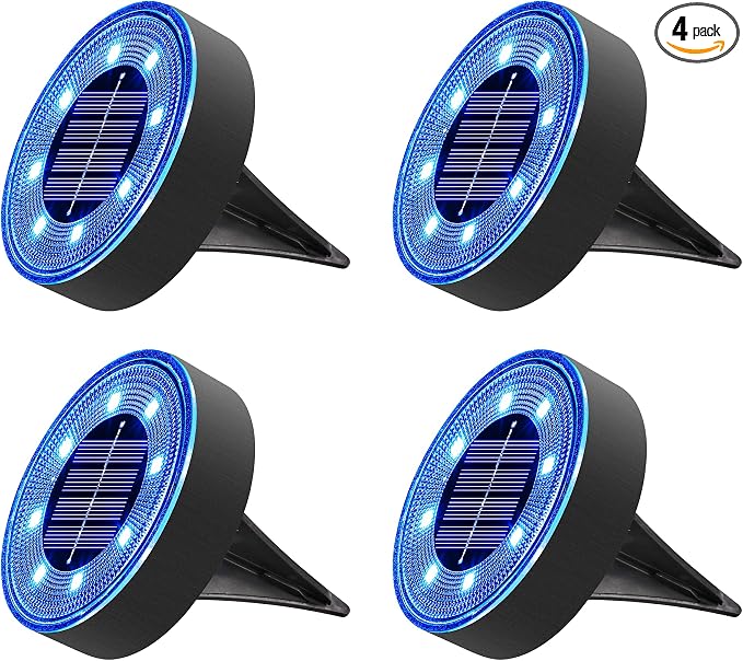 Joomer Solar Ground Lights Outdoor Waterproof, 4 Pack 8 LED, Blue | Solar Powered Garden Lights Disc Landscape Lighting Outdoor for Patio Pathway Lawn Yard Driveway Walkway outside